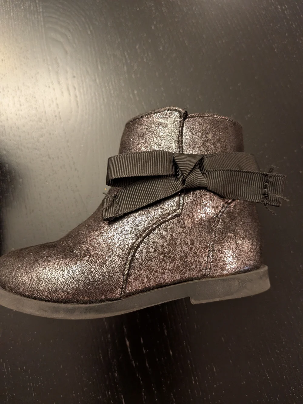 Metallic Black Girl's Ankle Boot with Side Bow